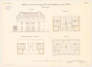 Zentralstation für jugendliche männliche Gefangene, Groß-Strehlitz: Oberbeamtenhaus: Grundriss Balkenlage, Dachbalkenlage, Sparrenlage 1:100