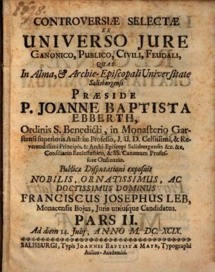 Controversiae Selectae Ex Universo Jvre Canonico, Publico, Civili, Feudali, 2