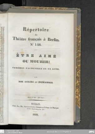 Être aimé ou mourir! : comédie-vaudeville en un acte