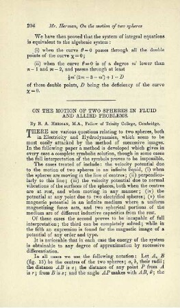 On the motion of two spheres in fluid and allied problems.