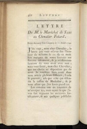 Lettre De M. le Maréchal de Saxe au Chvalier Folard, Ecrite du camp sous Courtray le 11. Aoust 1744.