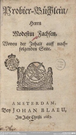 Probier-Büchlein : Wovon der Inhalt auff nachfolgenden Seite