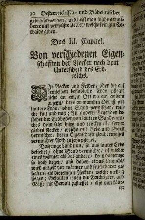 Das III. Capitel. Von verschiedenen Eigenschafften der Aecker nach dem Unterscheid des Erdreichs