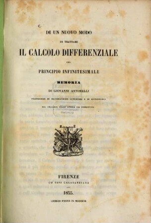 Di un nuovo modo di brattare il calcolo differenziale col principio infinitesimale memoria