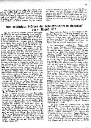 Zum 80jährigen Bestehen des Pestalozzi-Stiftes in Volksdorf am 8. August 1927