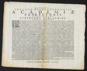Magnifici Inclutae Heidelbergensis Academiae Pro-Rectoris Vices Gerens Stephanus Gerlachius Lectori Salutem!