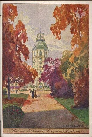 Postkartenalbum. "Karlsruhe - Schlosspark - Blick gegen Schlossturm". Schlosspark und Schlossturm