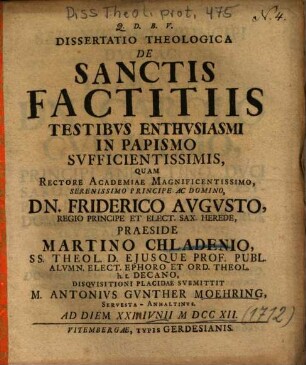 Dissertatio theologica de sanctis factitiis testibus enthusiasmi in papismo sufficientissimis
