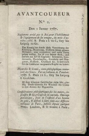 No. 1. Den 1. Januar 1787. - No. 5. Den 16. Januar 1787.