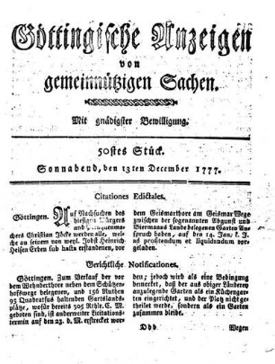 50stes Stück. Sonnabend, den 13ten December 1777.