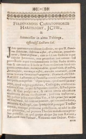 Ferdinandus Christophorus Harpprecht, ICtus, & Antecessor in alma Tubinga, ...