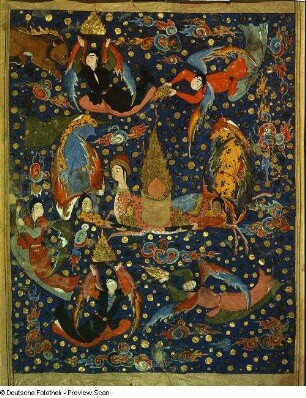 Buraq, von Engeln umgeben (Buraq vor dem Hintergrund des Sternenhimmels), fol. 22v (S. 58) : Buraq, von Engeln umgeben (Buraq vor dem Hintergrund des Sternenhimmels), fol. 22v (S. 58). Deckfarben, Blattgold; 67 x 48,5 cm (Blattgröße, beschnitten). 1594/1700. Aus: Falnameh. Dresden: SLUB Mscr.Dresd.Eb.445