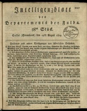 38tes Stueck, (Sonnabend) den 19ten August 1809