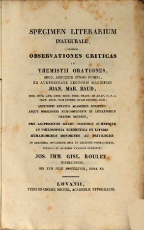 Specimen literarium inaug. exhibens observationes criticus in Themistii orationes