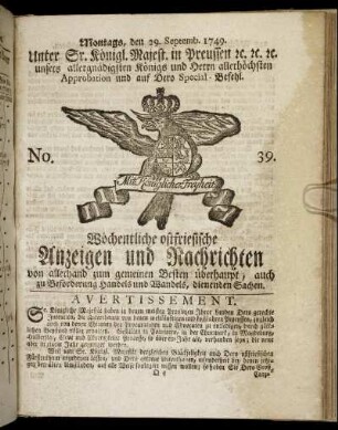 No. 39. Montags, den 29. Septemb. 1749.