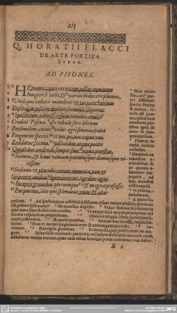 Q. Horatii Flacci De Arte Poetica Liber. Ad Pisones