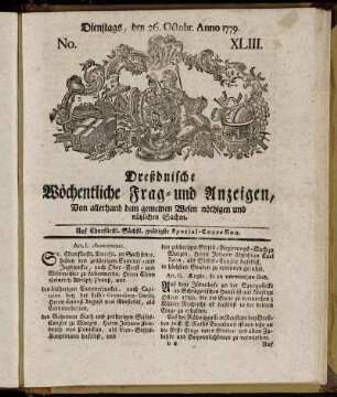 Dienstags, den 26. Octobr. Anno 1779. No. XLIII. - Dienstags, den 23. Novembr. Anno 1779. No. XLVII.