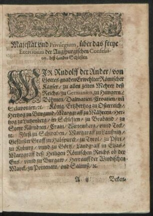 Majestat und Privilegium, über das freye Exercitium der Augspurgischen Confession, deß Landes Schlesien.