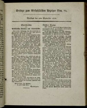 Beilage zum Westphälischen Anzeiger Nro. 72. Dienstags den 9ten September 1800.