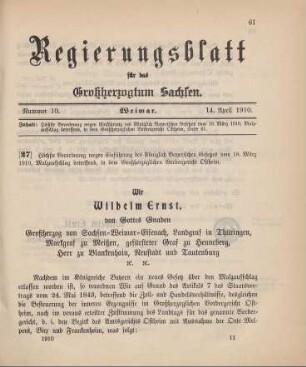 Nr. 27: Höchste Verordnung wegen Einführung des Königlich Bayerischen Gesetzes vom 18. März 1910, Malzaufschlag betreffend, in dem Großherzoglichen Vordergericht Ostheim