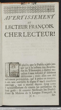 Avertissement Au Lecteur François. Cher Lecteur!