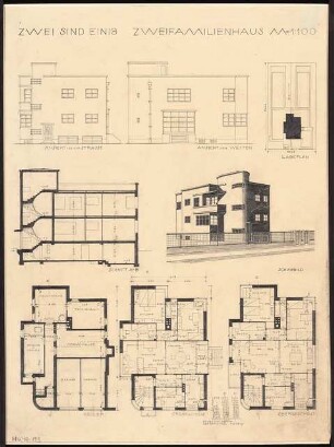 Zweifamilienhaus Monatskonkurrenz Februar 1930: Lageplan; Grundriss Keller, Erdgeschoss, Obergeschoss, Aufriss Straßenansicht, Gartenansicht, Querschnitt 1:100; Maßangaben