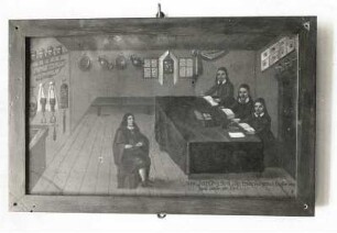 Gesellenprüfung. In einer Zunftstube der Augsburger Kupferschmiede (1654; H. J. Strell). Auf Kupfer gemalt