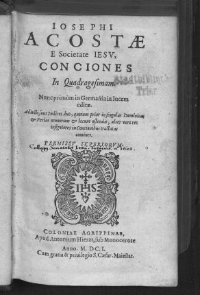 Iosephi Acostae E Societate Iesv, Conciones In Quadragesimam
