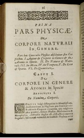 Prima Pars Physicae. De Corpore naturali in genere.