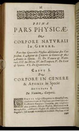 Prima Pars Physicae. De Corpore naturali in genere.