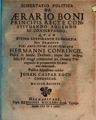 Dissertatio Politica De Aerario Boni Principis Recte Constituendo Augendo Et Conservando