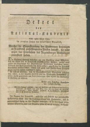 Dekret des National-Konvents vom 14ten May 1793 ...