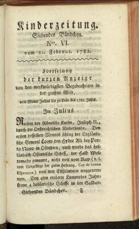 Kinderzeitung. Siebendes Bändchen. Nro. VI. vom 11. Februar 1782.