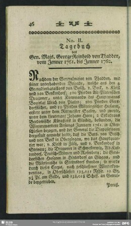 No. II. Tagebuch des Gen.Majs. George Reinhold von Thadden, vom Jenner 1761. bis Jenner 1762