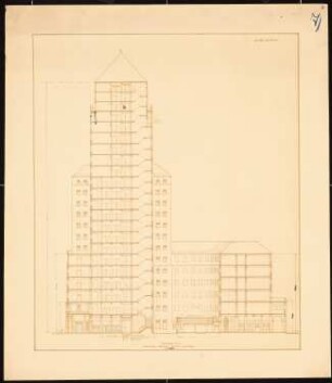 Hochhaus am Bahnhof Friedrichstraße, Berlin: Schnitt in der Nord-Süd-Achse 1:200