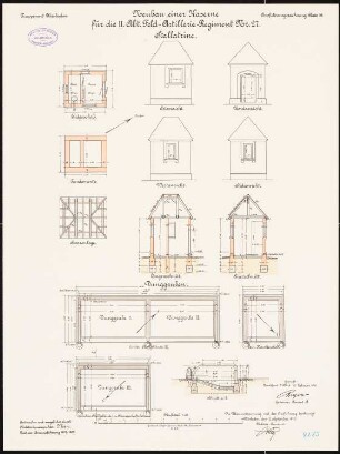 Artilleriekaserne II/27, Wiesbaden: Stalllatrine: Grundriss Fundamente, Erdgeschoss, Aufriss Nordansicht, Ostansicht, Südansicht, Westansicht, Längsschnitt, Querschnitt 1:50. Dunggruben: Grundrisse, Querschnitt 1:50