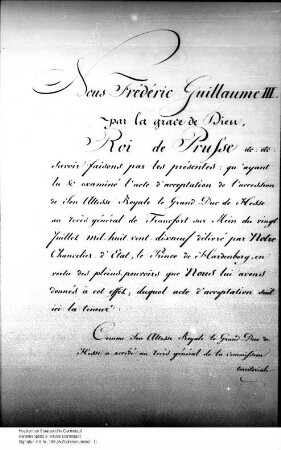Beitritt Hessens zum Frankfurter Vertrag vom 20. Juli 1819. (Ratifikation Preußen)