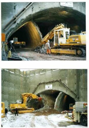 Engelbergbasistunnel im Bau Nordportal, Abbruch der Ulmenstiele mit Betonschere.