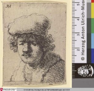 [Rembrandt's Selbstbildnis mit nach vorne gezogener Mütze; Self-Portrait in a Cap Pulled Forward; Homme avec trois crocs]