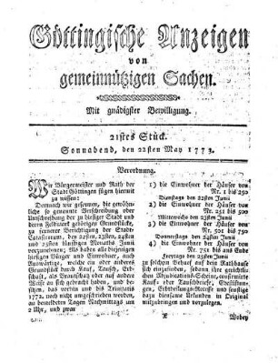 21stes Stück. Sonnabend, den 22sten May 1773.