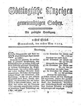 21stes Stück. Sonnabend, den 22sten May 1773.