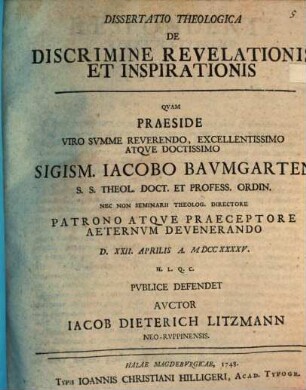 Dissertatio Theologica De Discrimine Revelationis Et Inspirationis