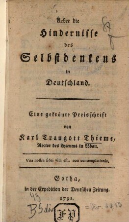 Ueber die Hindernisse des Selbstdenkens in Deutschland : Eine gekrönte Preisschrift