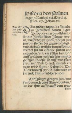 Historia des Palmen tages/ Matthei xxi. Marci xi. Luce. xix. Johan. xii.