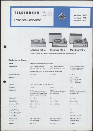 Bedienungsanleitung: Telefunken Phono-Service Musikus 108 Z, Musikus 108 S, Musikus 108 V