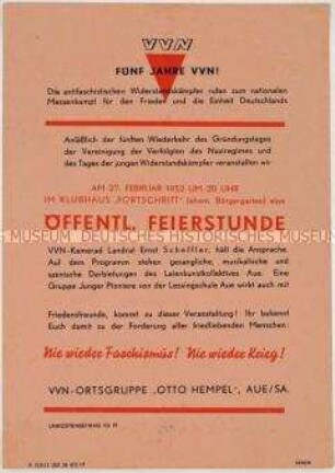 Aufruf der Vereinigung der Verfolgten des Naziregimes zu einer Feierstunde zum 5. Jahrestag der Organisation