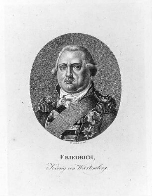Schule, Christian: Friedrich I. (II. als Herzog) König von Württemberg (1754-1816), Punktiermanier; 198 x 132 mm (Plattenrand). Dresden: Kupferstich-Kabinett A 148975 in A 215 m, 3 (D XVIII, Stecherband, Deutsche Meister), Singer 29621