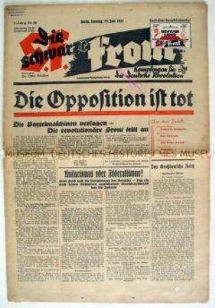 Wochenzeitung der NSDAP-Opposition "Die schwarze Front" zum Versagen der Opposition einschließlich der NSDAP im System der Weimarer Republik