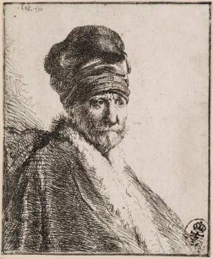 Halbfigur eines Mannes mit hoher Mütze