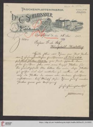 Brief von Dr. C. Schleussner AG (Frankfurt, Main) an Max Wolf
